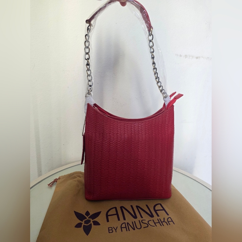 ANUSCHKA Red Woven Genuine Leather Top Zip Bucket Shoulder Bag Crossbody Purse